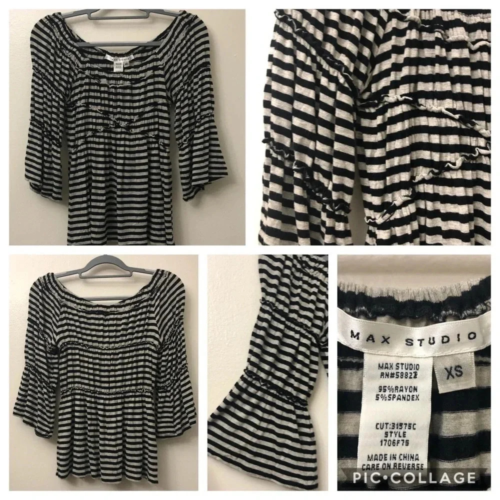 Max Studio Gray & Black‎ Stripe Top Size XS